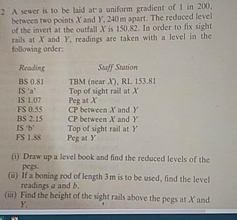 2 A sewer is to be laid at a uniform gradient of 1 in 200,
between two points Xand Y, 240 m apart. The reduced level
of the invert at the outfall X is 150.82. In order to fix sight
rails at X and Y, readings are taken with a level in the
following order:
Reading
Staff Station
BS 0.81
IS 'a'
IS 1.07
TBM (near X), RL 153.81
Top of sight rail at X
Peg at X
CP between X and Y
FS 0.55
BS 2.15 CP between X and Y
IS b
Top of sight rail at Y
Peg at Y
FS 1.88
(i) Draw up a level book and find the reduced levels of the
pegs.
(i) If a boning rod of length 3 m is to be used, find the level
readings a and b.
(iii) Find the height of the sight rails above the pegs at X and
Y.
