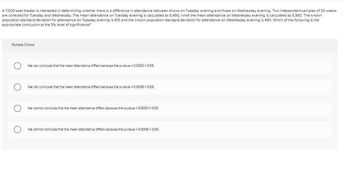 A 7.000-seat theater is interested in determining whether there is a difference in attendance between shows on Tuesday evening and those on Wednesday evening. Two independent samples of 33 weeks
are collected for Tuesday and Wednesday. The mean attendance on Tuesday evening is calculated as 5,490, while the mean attendance on Wednesday evening is calculated as 5,960. The known
population standard deviation for attendance on Tuesday evening is 610 and the known population standard deviation for attendance on Wednesday evening is 490. Which of the following is the
appropriate conclusion at the 5% level of significance?
Multiple Cholce
We can conclude that the mean attendance differs because the p-value = 0.0003 < 0.05.
We can conclude that the mean attendance differs because the p-value = 0.0006 < 0.05.
We cannot conclude that the mean attendance differs because the p-value = 0.0003 < 0.05.
We cannot conclude that the mean attendance differs because the p-value = 0.0006 < 0.05.
