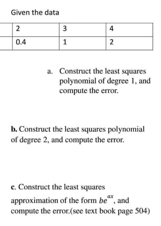 Given the data
2
4
0.4
1
a. Construct the least squares
polynomial of degree 1, and
compute the error.
b. Construct the least squares polynomial
of degree 2, and compute the error.
c. Construct the least squares
ах
approximation of the form be", and
compute the error.(see text book page 504)
2.
3.
