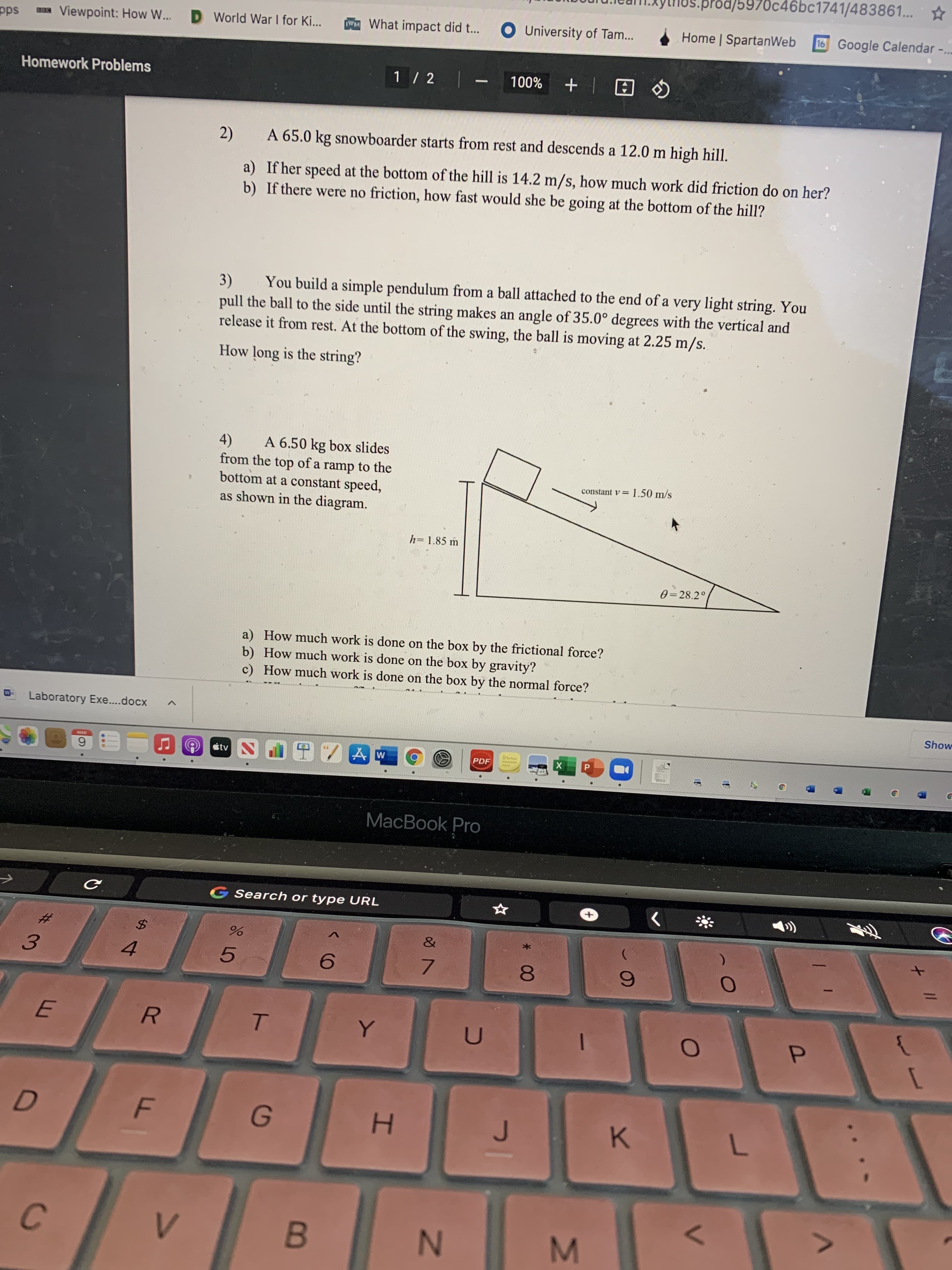 You build a simple pendulum from a ball attached to the end of a very light string. You
3)
pull the ball to the side until the string makes an angle of 35.0° degrees with the vertical and
release it from rest. At the bottom of the swing, the ball is moving at 2.25 m/s.
How long is the string?
