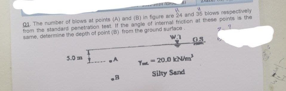 2022 (Gro B)
H
Q1. The number of blows at points (A) and (B) in figure are 24 and 35 blows respectively
from the standard penetration test. If the angle of internal friction at these points is the
same, determine the depth of point (B) from the ground surface.
W.1
5.0 m
B
G.S
Y=20.0 kN/m³
Silty Sand