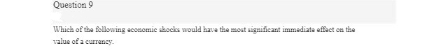 Question 9
Which of the following economic shocks would have the most significant immediate effect on the
value of a currency.