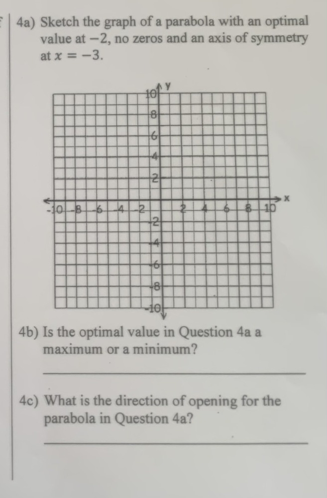 F4a) Sketch the graph of a parabola with an optimal
value at -2, no zeros and an axis of symmetry
at x = -3.
10
10 B -64-2
8
6
4
121
4
16
8
10
Y
8
4b) Is the optimal value in Question 4a a
maximum or a minimum?
4c) What is the direction of opening for the
parabola in Question 4a?
X