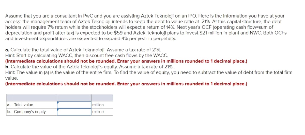 Assume that you are a consultant in PwC and you are assisting Aztek Teknoloji on an IPO. Here is the information you have at your
access: the management team of Aztek Teknoloji intends to keep the debt to value ratio at 21%. At this capital structure, the debt
holders will require 7% return while the stockholders will expect a return of 14%. Next year's OCF (operating cash flow-sum of
depreciation and profit after tax) is expected to be $59 and Aztek Teknoloji plans to invest $21 million in plant and NWC. Both OCFs
and investment expenditures are expected to expand 4% per year in perpetuity.
a. Calculate the total value of Aztek Teknnoloji. Assume a tax rate of 21%.
Hint: Start by calculating WACC, then discount free cash flows by the WACC.
(Intermediate calculations should not be rounded. Enter your answers in millions rounded to 1 decimal place.)
b. Calculate the value of the Aztek Teknoloji's equity. Assume a tax rate of 21%.
Hint: The value in (a) is the value of the entire firm. To find the value of equity, you need to subtract the value of debt from the total firm
value.
(Intermediate calculations should not be rounded. Enter your answers in millions rounded to 1 decimal place.)
a. Total value
b. Company's equity
million
million