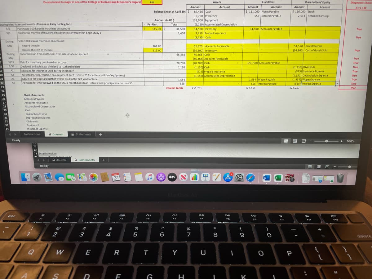 Do you intend to major in one of the College of Business and Economic's majors?
Yes
Assets
Liabilities
Shareholders' Equity
Diagnostic Check
Amount
Account
Amount
Account
Amount
Account
A LSE
87,466 Cash
5,750 Inventory
138,000 Equipment
(1,150) Accumulated Depreciation
34,500 Inventory
3,450 Prepaid Insurance
(3,450) Cash
$ 111,000 Notes Payable
555 Interest Payable
$ 116,000 Stock
2,511 Retained Earnings
Balance Sheet at April 30: $
Amounts in US $
During May, Its second month of business, Karry no Key, Inc.:
Per Unit
Total
Purchased 300 karaoke machines on account
Paid for six months ofinsurance in advance; coverage that begins May1
115.00 S
5/1
34,500
34,500 Accounts Payable
True
5/1
3,450
True
During
Sold 320 karaoke machines on account:
May
Record the sale
161.00
51,520 Sales Revenue
51,520 Accounts Receivable
(36,800) Inventory
46,368 Cash
(46,368) Accounts Receivable
(20,700) Cash
(1,130) Cash
(575) Prepaid Insurance
(1,150) Accumulated Depreciation
Record the cost of the sale
115.00
(36,800) Cost of Goods Sold
True
During
Collected cash from customers from sales made on account
46,368
May
True
5/31
Paid for inventory purchased on account
20,700
(20,700) Accounts Payable
True
5/31 Declared and paid cash dividend to its shareholders
19
20
(1,130) Dividends
(575) Insurance Expense
(1,150) Depreciation Expense
(1,554) Wages Expense
(555) Interest Expense
1,130
True
Adjusted for insurance used during the month
Adjusted for depreciation on equipment (hint: refer to P1 for estimated life of equipment)
Adjusted for wages owed that will be paid in the first week of June
Adjusted for interest owed on the 6%, 3-month bank loan; interest and principal due on June 30
A1
True
A2
True
21
A3
1,554 Wages Payable
555 Interest Payable
1,554
True
22
A4
555
True
23
Column Totals
255,731
127,464
128,267
True
24
25
Chart of Accounts:
26
Accounts Payable
27
Accounts Receivable
28
Accumulated Depreciation
29
Cash
30
Cost of Goods Sold
31
Depreciation Expense
32
Dividends
33
Equipment
34
Insurance Expense
Instructions
A Journal
A Statements
Ready
曲
四
100%
71
72
73 Drop Down List:
A Journal
A Statements
+
Ready
31
stv
MacBook Air
80
888
DII
esc
FI
F3
F4
F7
FB
F9
F10
F12
@
%23
$
&
2
3
4
6
7
8
9
delete
U
{
W
E
R
Y
P
%3D
G
H
K
