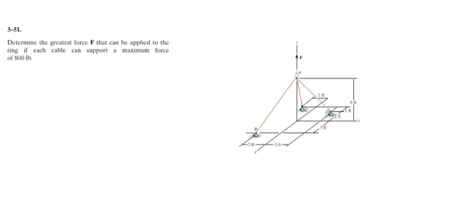 3-51.
Determine the greatest force F that can be applied to the
ring if each cable can support a maximum force
of 800 lb.
6ft