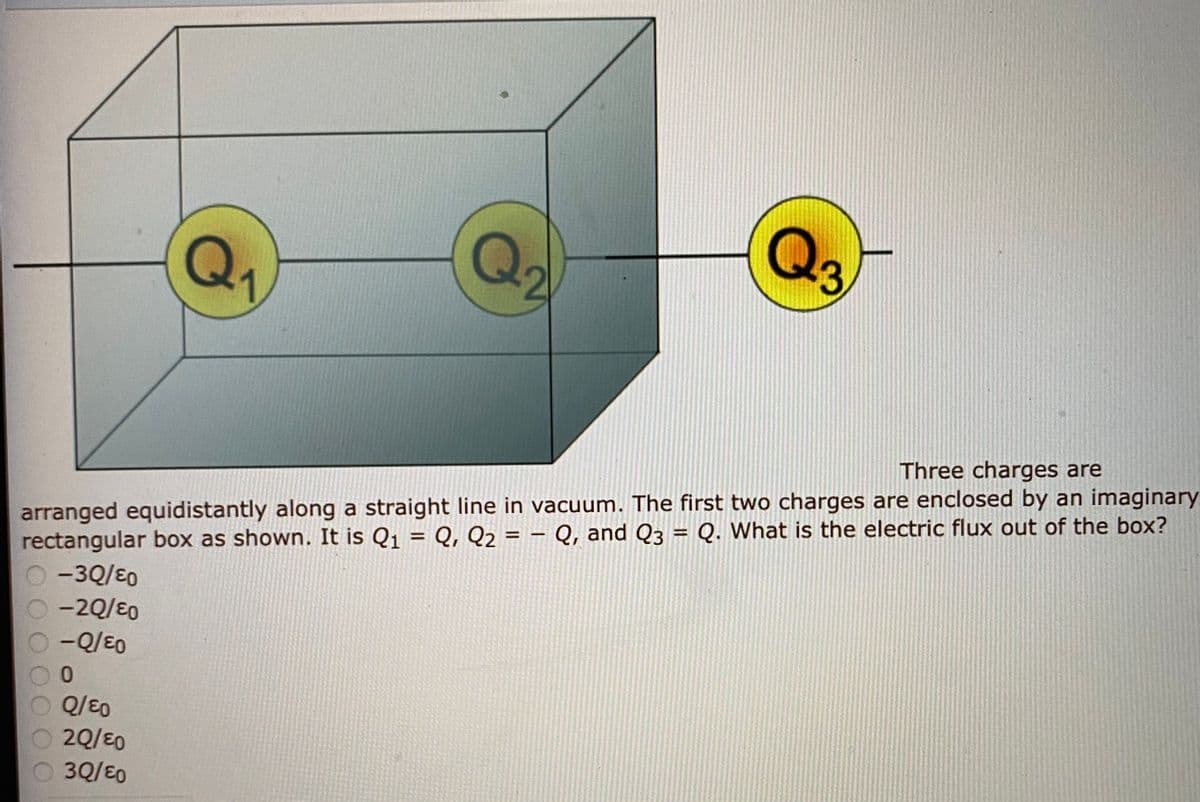 Q2
Qs
-3
Q,
Three charges are
arranged equidistantly along a straight line in vacuum. The first two charges are enclosed by an imaginary
rectangular box as shown. It is Q1 = Q, Q2 = – Q, and Q3 = Q. What is the electric flux out of the box?
-3Q/E0
-2Q/E0
-Q/E0
%3D
%3D
%3D
0.
Q/E0
2Q/80
3Q/E0
