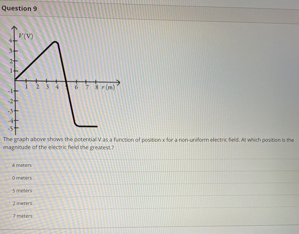 Question 9
v(V)
3.
2 3 4
6 7 8 r(m)
-2
-3+
-4+
The graph above shows the potential V as a function of position x for a non-uniform electric field. At which position is the
magnitude of the electric field the greatest.?
4 meters
0 meters
5 meters
2 meters
7 meters
