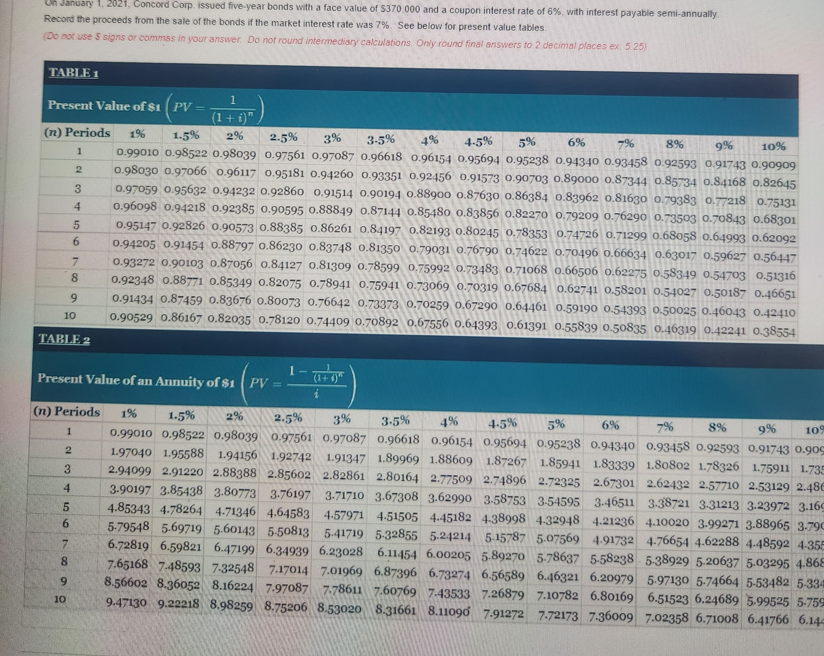 On January 1, 2021, Concord Corp. issued five-year bonds with a face value of $370.000 and a coupon interest rate of 6%, with interest payable semi-annually.
Record the proceeds from the sale of the bonds if the market interest rate was 7%. See below for present value tables.
(Do not use & signs or commas in your answer. Do not round intermediary calculations. Only round final answers to 2 decimal places ex: 5.25)
TABLE
Present Value of $1 PV
(n) Periods
TABLE 2
8
9
1
1
2
9T5 VO
5
6
Present Value of an Annuity of $1 PV
(n) Periods 1%
1
(1 + i)"
2%
2.5%
3-5%
4%
4-5%
7%
8%
9%
10%
1.5%
3%
6%
0.99010 0.98522 0.98039 0.97561 0.97087 0.96618 0.96154 0.95694 0.95238 0.94340 0.93458 0.92593 0.91743 0.90909
0.98030 0.97066 0.96117 0.95181 0.94260 0.93351 0.92456 0.91573 0.90703 0.89000 0.87344 0.85734 0.84168 0.82645
0.97059 0.95632 0.94232 0.92860 0.91514 0.90194 0.88900 0.87630 0.86384 0.83962 0.81630 0.79383 0.77218 0.75131
0.96098 0.94218 0.92385 0.90595 0.88849 0.87144 0.85480 0.83856 0.82270 0.79209 0.76290 0.73503 0.70843 0.68301
0.95147 0.92826 0.90573 0.88385 0.86261 0.84197 0.82193 0.80245 0.78353 0.74726 0.71299 0.68058 0.64993 0.62092
0.94205 0.91454 0.88797 0.86230 0.83748 0.81350 0.79031 0.76790 0.74622 0.70496 0.66634 0.63017 0.59627 0.56447
0.93272 0.90103 0.87056 0.84127 0.81309 0.78599 0.75992 0.73483 0.71068 0.66506 0.62275 0.58349 0.54703 0.51316
0.92348 0.88771 0.85349 0.82075 0.78941 0.75941 0.73069 0.70319 0.67684 0.62741 0.58201 0.54027 0.50187 0.46651
0.91434 0.87459 0.83676 0.80073 0.76642 0.73373 0.70259 0.67290 0.64461 0.59190 0.54393 0-50025 0.46043 0.42410
0.90529 0.86167 0.82035 0.78120 0.74409 0.70892 0.67556 0.64393 0.61391 0.55839 0.50835 0.46319 0.42241 0.38554
3
6
bomm
1
i
1.5%
6%
10%
2.5%
3%
3.5%
4.5% 5%
7%
8%
0.99010 0.98522 0.98039 0.97561 0.97087 0.96618 0.96154 0.95694 0.95238 0.94340 0.93458 0.92593 0.91743 0.909
9%
1.97040 1.95588 1.94156 1.92742 1.91347 1.89969 1.88609 1.87267 1.85941 1.83339 1.80802 1.78326 1.75911 1.735
2.94099 2.91220 2.88388 2.85602 2.82861 2.80164 2.77509 2.74896 2.72325 2.67301 2.62432 2.57710 2.53129 2.486
3.90197 3.85438 3.80773 3.76197 3.71710 3.67308 3.62990 3.58753 3.54595 3.46511 3.38721 3.31213 3.23972 3.169
4.85343 4.78264 4.71346 4.64583 4.57971 4.51505 4.45182 4-38998 4.32948 4.21236 4.10020 3.99271 3.88965 3.790
5-79548 5.69719 5.60143 5-50813 5-41719 5-32855 5-24214 5.15787 5.07569 4.91732 4.-76654 4.62288 4.48592 4-355
6.72819 6.59821 6.47199 6.34939 6.23028 6.11454 6.00205 5.89270 5-78637 5.582385-38929 5.20637 5.03295 4.868
7.65168 7-48593 7-32548 7.17014 7.01969 6.87396 6.73274 6.56589 6.46321 6.20979 5.97130 5.74664 5-53482 5-334
8.56602 8.36052 8.16224 7.97087 7.78611 7.60769 7.43533 7.26879 7.10782 6.80169 6.51523 6.24689 5.99525 5-759
9.47130 9.22218 8.98259 8.75206 8.53020 8.31661 8.11090 7.91272 7.72173 7.36009 7.02358 6.71008 6.41766 6.144