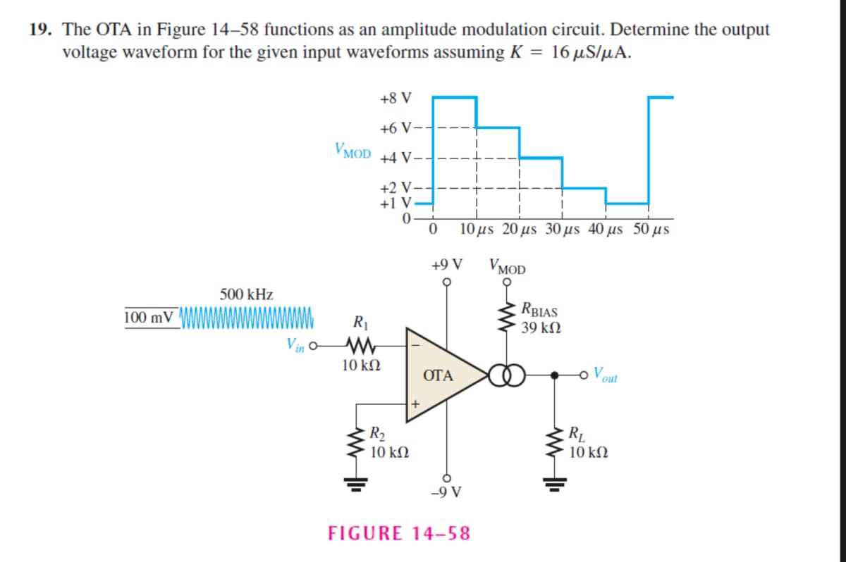 19. The OTA in Figure 14-58 functions as an amplitude modulation circuit. Determine the output
voltage waveform for the given input waveforms assuming K
=
16 μS/MA.
100 mV
500 kHz
Vin o
VMOD
+8 V
+6 V--
+4 V--
+2 V-
+1 V-
0
R₁
www
10 ΚΩ
www III
R₂
10 ΚΩ
0 10 με 20 με 30 με 40 με 50 με
VMOD
+9 V
OTA
-9 V
FIGURE 14-58
RBIAS
39 ΚΩ
ww III
RL
out
10 ΚΩ