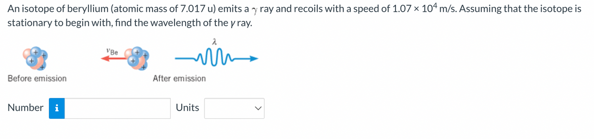 An isotope of beryllium (atomic mass of 7.017 u) emits a y ray and recoils with a speed of 1.07 × 104 m/s. Assuming that the isotope is
stationary to begin with, find the wavelength of the y ray.
Before emission
Number
VBe
After emission
Units