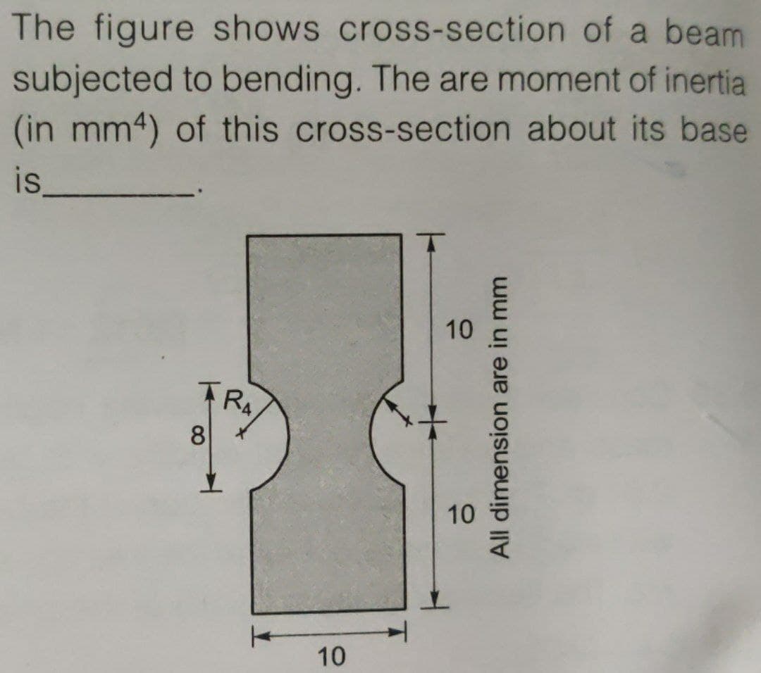 The figure shows cross-section of a beam
subjected to bending. The are moment of inertia
(in mm4) of this cross-section about its base
is
10
RA
8
10
10
All dimension are in mm
