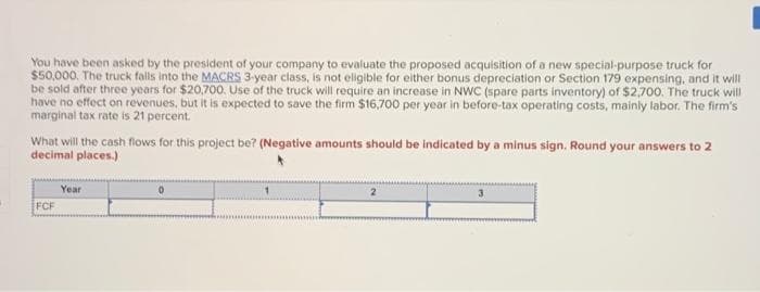 You have been asked by the president of your company to evaluate the proposed acquisition of a new special-purpose truck for
$50,000. The truck falls into the MACRS 3-year class, is not eligible for either bonus depreciation or Section 179 expensing, and it will
be sold after three years for $20,700. Use of the truck will require an increase in NWC (spare parts inventory) of $2,700. The truck will
have no effect on revenues, but it is expected to save the firm $16,700 per year in before-tax operating costs, mainly labor. The firm's
marginal tax rate is 21 percent.
What will the cash flows for this project be? (Negative amounts should be indicated by a minus sign. Round your answers to 2
decimal places.)
FCF
Year
3