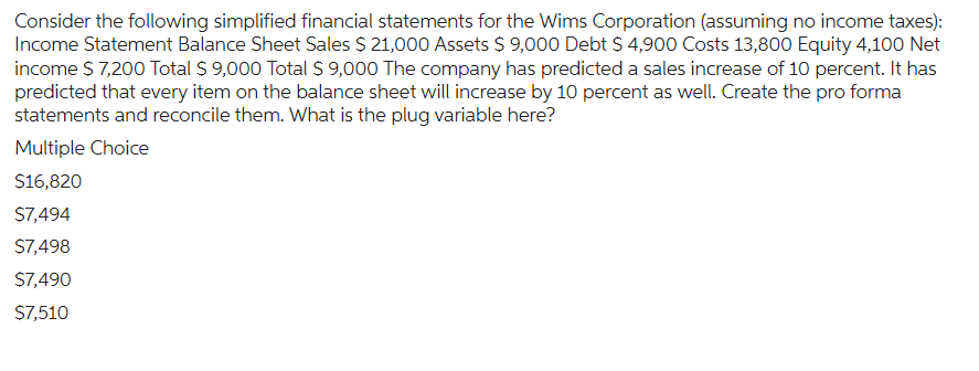 Consider the following simplified financial statements for the Wims Corporation (assuming no income taxes):
Income Statement Balance Sheet Sales $ 21,000 Assets $ 9,000 Debt $ 4,900 Costs 13,800 Equity 4,100 Net
income $ 7,200 Total $ 9,000 Total $ 9,000 The company has predicted a sales increase of 10 percent. It has
predicted that every item on the balance sheet will increase by 10 percent as well. Create the pro forma
statements and reconcile them. What is the plug variable here?
Multiple Choice
$16,820
$7,494
$7,498
$7,490
$7,510