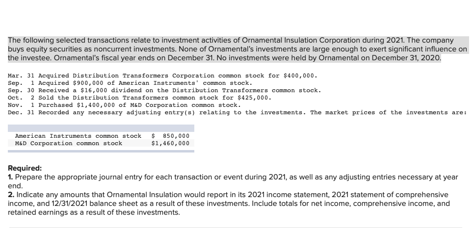 The following selected transactions relate to investment activities of Ornamental Insulation Corporation during 2021. The company
buys equity securities as noncurrent investments. None of Ornamental's investments are large enough to exert significant influence on
the investee. Ornamental's fiscal year ends on December 31. No investments were held by Ornamental on December 31, 2020.
Mar. 31 Acquired Distribution Transformers Corporation common stock for $400,000.
Sep. 1 Acquired $900,000 of American Instruments' common stock.
Sep. 30 Received a $16,000 dividend on the Distribution Transformers common stock.
Oct. 2 Sold the Distribution Transformers common stock for $425,000.
Nov. 1 Purchased $1,400,000 of M&D Corporation common stock.
Dec. 31 Recorded any necessary adjusting entry(s) relating to the investments. The market prices of the investments are:
American Instruments common stock $ 850,000
M&D Corporation common stock
$1,460,000
Required:
1. Prepare the appropriate journal entry for each transaction or event during 2021, as well as any adjusting entries necessary at year
end.
2. Indicate any amounts that Ornamental Insulation would report in its 2021 income statement, 2021 statement of comprehensive
income, and 12/31/2021 balance sheet as a result of these investments. Include totals for net income, comprehensive income, and
retained earnings as a result of these investments.