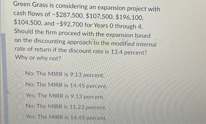 4
Green Grass is considering an expansion project with
cash flows of -$287,500, $107,500, $196,100,
$104,500, and -$92,700 for Years 0 through 4.
Should the firm proceed with the expansion based
on the discounting approach to the modified internal
rate of return if the discount rate is 13.4 percent?
Why or why not?
No; The MIRR is 9.13 percent.
No: The MIRR is 14.45 percent.
Yes; The MIRR is 9.13 percent.
No: The MIRR is 11.23 percent.
Yes: The MIRR is 14.45 percent.