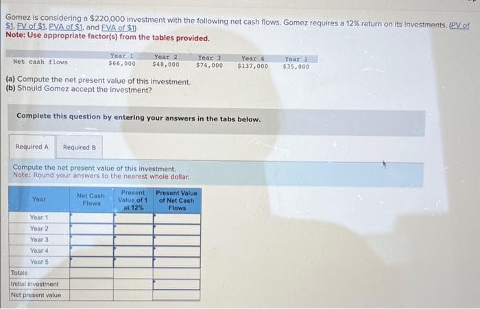 Gomez is considering a $220,000 investment with the following net cash flows. Gomez requires a 12% return on its investments. (PV of
$1. EV of $1. PVA of $1. and FVA of $1)
Note: Use appropriate factor(s) from the tables provided.
Net cash flows.
(a) Compute the net present value of this investment.
(b) Should Gomez accept the investment?
Required A Required B
Complete this question by entering your answers in the tabs below.
Year
Year 1
$66,000
Compute the net present value of this investment.
Note: Round your answers to the nearest whole dollar.
Year 1
Year 2
Year 3
Year 4
Year 5
Totals
Initial investment
Net present value
Year 2
$48,000
Net Cash
Flows
Present
Value of 1
at 12%
Year 4
Year 3
$74,000 $137,000
Present Value
of Net Cash
Flows
Year 5
$35,000