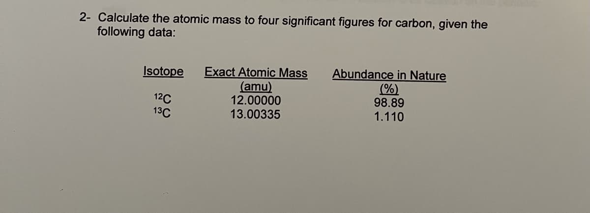 2- Calculate the atomic mass to four significant figures for carbon, given the
following data:
Exact Atomic Mass
(amu)
12.00000
13.00335
Abundance in Nature
(%)
98.89
1.110
Isotope
12C
13C
