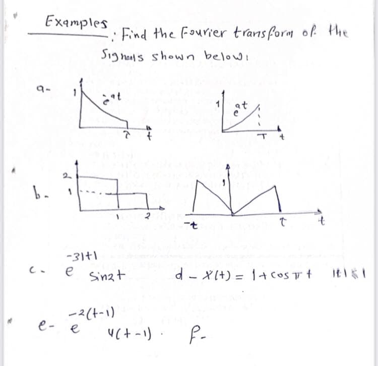 Examples
b.
e-
2
1
-31+1
e
• Find the Fourier transform of the
Signals shown below.
t
Sing+
-2(t-1)
e
2
at
4(+-1). f-
T t
t
d = X(+) = 1+ COST +
-
t