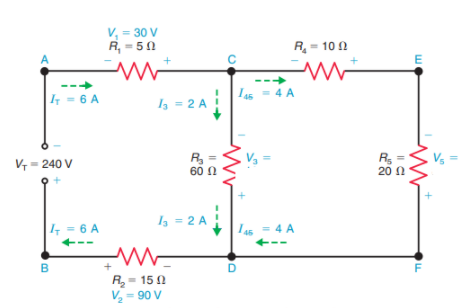 V, = 30 V
R, = 50
R- 10 0
I 45
Ih = 2 A
4 A
1 = 6 A
R =
60 N
R =
20 N
Vs
V = 240 V
I3 = 2 A
= 6 A
Is = 4 A
B
F
R,- 15 0
V = 90 V
