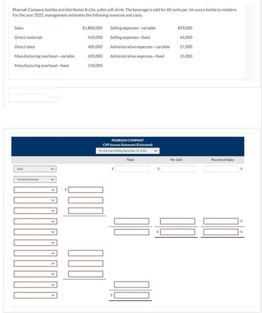 Pharoah Company bottles and distributes B-Lite, a diet soft drink. The beverage is sold for 60 cents per 16-ounce bottle to retailers.
For the year 2022, management estimates the following revenues and costs.
Sales
Direct materials
Direct labor
Manufacturing overhead-variable
Manufacturing overhead-fixed
Sales
Variable Expenses
V
$
$1,800,000
Selling
Selling expenses-fixed
expenses-variable
150,000
410,000
400,000
Administrative expenses-variable
420.000 Administrative expenses-fixed
PHAROAH COMPANY
CVP Income Statement (Estimated)
For the Year Ending December 31, 2022
Total
$
$93,000
65,000
27,000
55,000
Per Unit
32
Percent of Sales
96
96