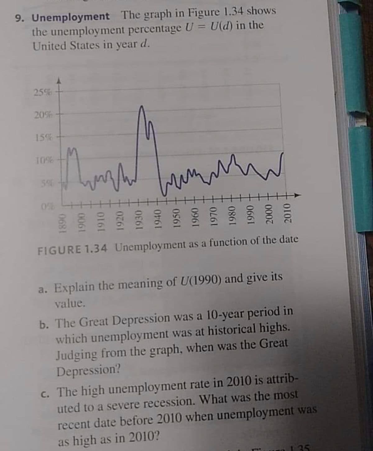 9. Unemployment The graph in Figure 1.34 shows
the unemployment percentage U = U(d) in the
United States in year d.
25%
20%
15%
10%
5%
0%
FIGURE 1.34 Unemployment as a function of the date
a. Explain the meaning of U(1990) and give its
value.
b. The Great Depression was a 10-year period in
which unemployment was at historical highs.
Judging from the graph, when was the Great
Depression?
c. The high unemployment rate in 2010 is attrib-
uted to a severe recession. What was the most
recent date before 2010 when unemployment was
as high as in 2010?
1 35
096 1
1970
1980
0661
2010
