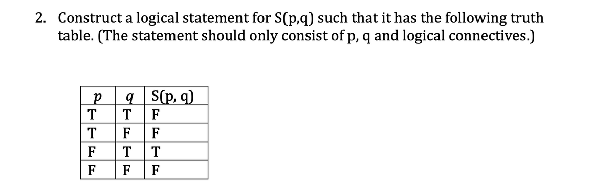 2. Construct a logical statement for S(p,q) such that it has the following truth
table. (The statement should only consist of p, q and logical connectives.)
9 S(p, q)
T
T
F
T
F
F
F
T
T
F
F F
