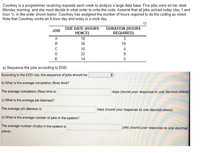 Courtney is a programmer receiving requests each week to analyze a large data base. Five jobs were on her desk
Monday morning, and she must decide in what order to write the code. Assume that all jobs arrived today (day 1 and
hour 1), in the order shown below. Courtney has assigned the number of hours required to do the coding as noted.
Note that Courtney works an 8-hour day and today is a work day.
JOB
DUE DATE (HOURS
HENCE)
18
36
10
22
14
E
a) Sequence the jobs according to EDD.
According to the EDD rule, the sequence of jobs should be
b) What is the average completion (flow) time?
The average completion (flow) time is
c) What is the average job lateness?
The average job lateness is
d) What is the average number of jobs in the system?
The average number of jobs in the system is
place).
DURATION (HOURS
REQUIRED)
3
19
4
9
5
days (round your response to one decimal place)
days (round your response to one decimal place).
jobs (round your response to one decimal
