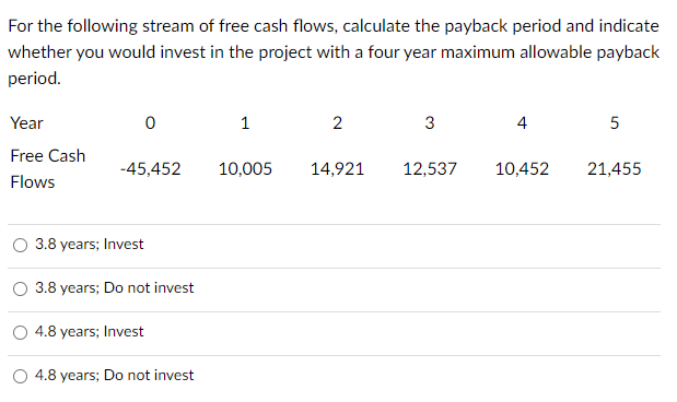 For the following stream of free cash flows, calculate the payback period and indicate
whether you would invest in the project with a four year maximum allowable payback
period.
Year
Free Cash
Flows
0
-45,452
3.8 years; Invest
3.8 years; Do not invest
4.8 years; Invest
4.8 years; Do not invest
1
10,005
2
14,921
3
12,537
4
10,452
5
21,455