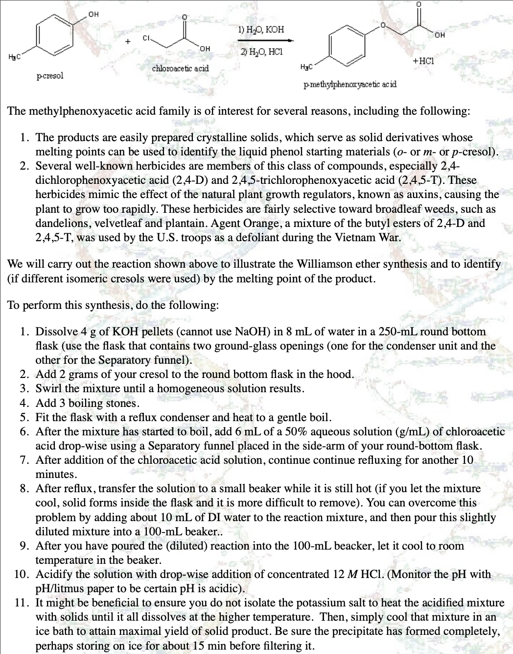 OH
1) Н-О, КОН
OH
CI.
HO.
2) H2O, HC1
+HC1
chloroacetic acid
H3C
pcresol
pmethylphenoxyacetic acid
The methylphenoxyacetic acid family is of interest for several reasons, including the following:
1. The products are easily prepared crystalline solids, which serve as solid derivatives whose
melting points can be used to identify the liquid phenol starting materials (o- or m- or p-cresol).
2. Several well-known herbicides are members of this class of compounds, especially 2,4-
dichlorophenoxyacetic acid (2,4-D) and 2,4,5-trichlorophenoxyacetic acid (2,4,5-T). These
herbicides mimic the effect of the natural plant growth regulators, known as auxins, causing the
plant to grow too rapidly. These herbicides are fairly selective toward broadleaf weeds, such as
dandelions, velvetleaf and plantain. Agent Orange, a mixture of the butyl esters of 2,4-D and
2,4,5-T, was used by the U.S. troops as a defoliant during the Vietnam War.
We will carry out the reaction shown above to illustrate the Williamson ether synthesis and to identify
(if different isomeric cresols were used) by the melting point of the product.
To perform this synthesis, do the following:
1. Dissolve 4 g of KOH pellets (cannot use NaOH) in 8 mL of water in a 250-mL round bottom
flask (use the flask that contains two ground-glass openings (one for the condenser unit and the
other for the Separatory funnel).
2. Add 2 grams of your cresol to the round bottom flask in the hood.
3. Swirl the mixture until a homogeneous solution results.
4. Add 3 boiling stones.
5. Fit the flask with a reflux condenser and heat to a gentle boil.
6. After the mixture has started to boil, add 6 mL of a 50% aqueous solution (g/mL) of chloroacetic
acid drop-wise using a Separatory funnel placed in the side-arm of your round-bottom flask.
7. After addition of the chloroacetic acid solution, continue continue refluxing for another 10
minutes.
8. After reflux, transfer the solution to a small beaker while it is still hot (if you let the mixture
cool, solid forms inside the flask and it is more difficult to remove). You can overcome this
problem by adding about 10 mL of DI water to the reaction mixture, and then pour this slightly
diluted mixture into a 100-mL beaker..
9. After you have poured the (diluted) reaction into the 100-mL beacker, let it cool to room
temperature in the beaker.
10. Acidify the solution with drop-wise addition of concentrated 12 M HC1. (Monitor the pH with
pH/litmus paper to be certain pH is acidic).
11. It might be beneficial to ensure you do not isolate the potassium salt to heat the acidified mixture
with solids until it all dissolves at the higher temperature. Then, simply cool that mixture in an
ice bath to attain maximal yield of solid product. Be sure the precipitate has formed completely,
perhaps storing on ice for about 15 min before filtering it.
