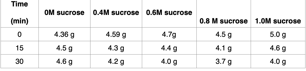 Time
0.6M sucrose
0.4M sucrose
1.0M sucrose
OM sucrose
0.8 M sucrose
(min)
4.5 g
5.0 g
4.59 g
4.7g
4.36 g
4.6 g
4.4 g
4.1 g
4.5 g
4.3 g
4.0 g
15
3.7 g
4.0 g
4.6 g
4.2 g
30
