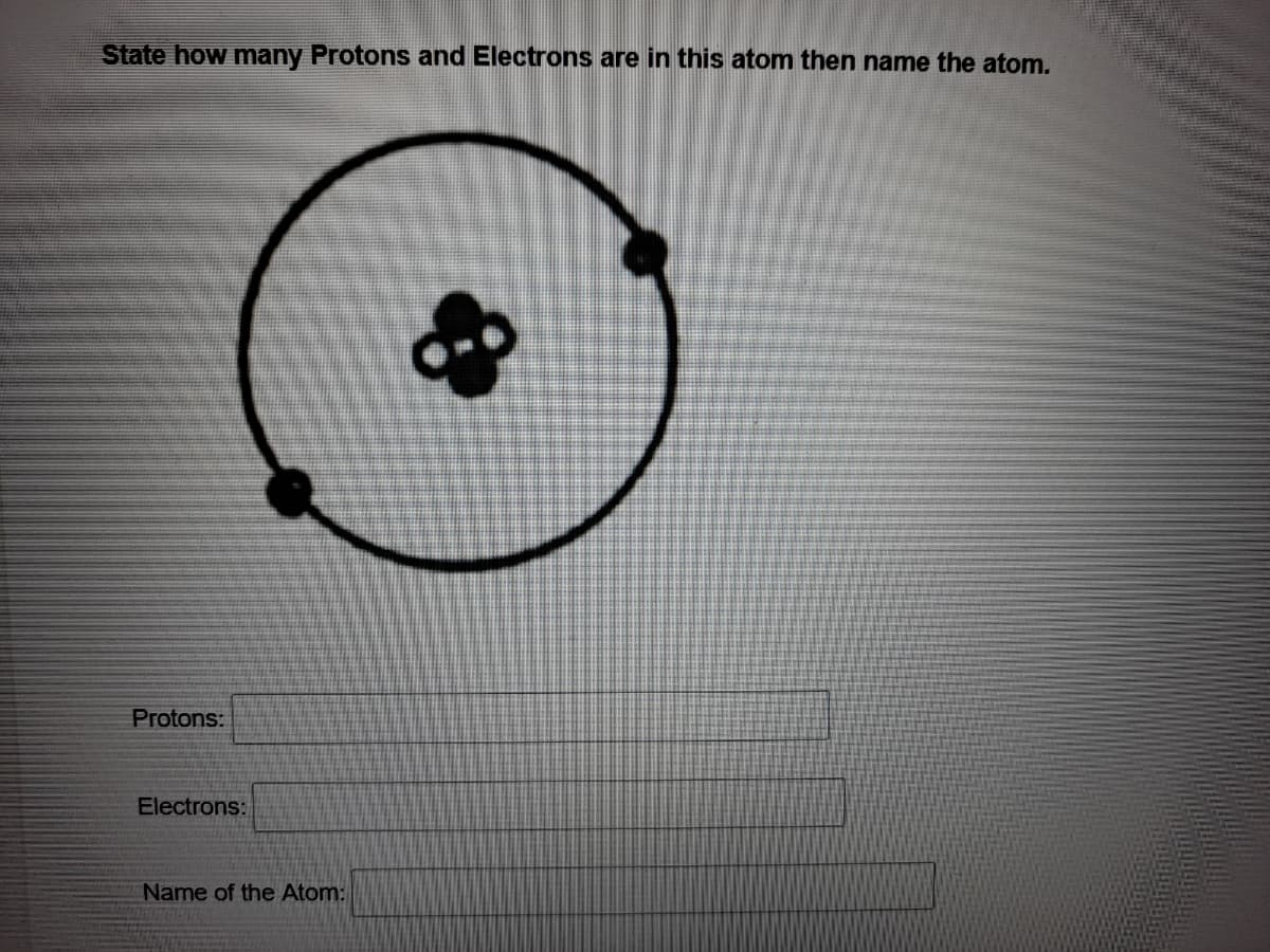 State how many Protons and Electrons are in this atom then name the atom.
Protons:
Electrons:
Name of the Atom:
