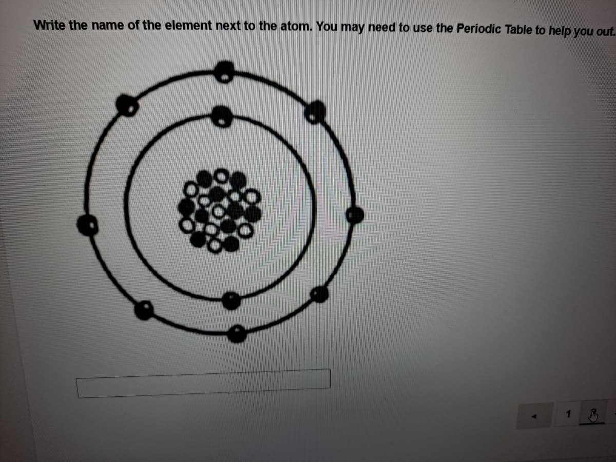 Write the name of the element next to the atom. You may need to use the Periodic Table to help you out.
1
