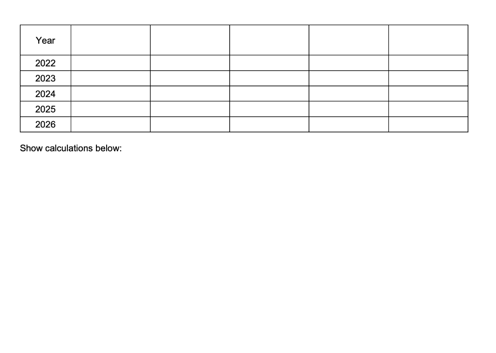 Year
2022
2023
2024
2025
2026
Show calculations below: