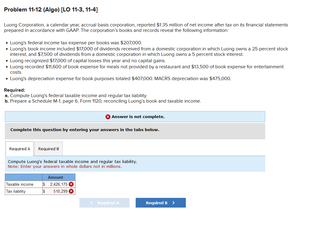 Problem 11-12 (Algo) [LO 11-3, 11-4]
Luong Corporation, a calendar year, accrual basis corporation, reported $1.35 million of net income after tax on its financial statements
prepared in accordance with GAAP. The corporation's books and records reveal the following information:
• Luong's federal income tax expense per books was $207,000.
• Luong's book income included $17,000 of dividends received from a domestic corporation in which Luong owns a 25 percent stock
interest, and $7,500 of dividends from a domestic corporation in which Luong owns a 5 percent stock interest.
• Luong recognized $17,000 of capital losses this year and no capital gains.
• Luong recorded $11,600 of book expense for meals not provided by a restaurant and $13,500 of book expense for entertainment
costs.
• Luong's depreciation expense for book purposes totaled $407,000. MACRS depreciation was $475,000.
Required:
a. Compute Luong's federal taxable income and regular tax liability.
b. Prepare a Schedule M-1, page 6, Form 1120, reconciling Luong's book and taxable income.
Complete this question by entering your answers in the tabs below.
Required A
Required B
Taxable income
Tax liability
Answer is not complete.
Compute Luong's federal taxable income and regular tax liability.
Note: Enter your answers in whole dollars not in millions.
Amount
$ 2,426,175 X
$ 510,299 X
< Required A
Required B >