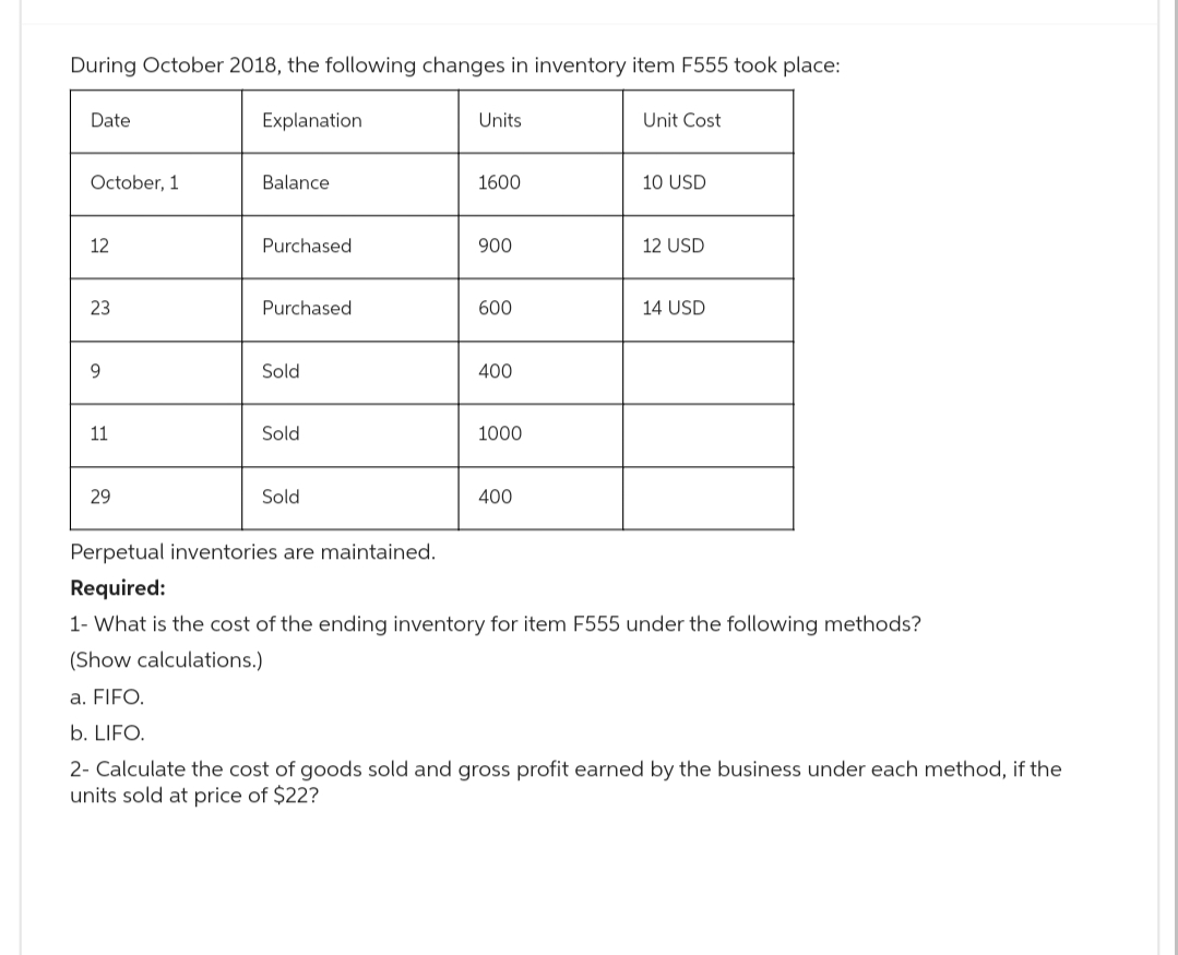 During October 2018, the following changes in inventory item F555 took place:
Date
October, 1
12
23
9
11
29
Explanation
a. FIFO.
b. LIFO.
Balance
Purchased
Purchased
Sold
Sold
Sold
Units
1600
900
600
400
1000
400
Unit Cost
10 USD
12 USD
14 USD
Perpetual inventories are maintained.
Required:
1- What is the cost of the ending inventory for item F555 under the following methods?
(Show calculations.)
2- Calculate the cost of goods sold and gross profit earned by the business under each method, if the
units sold at price of $22?