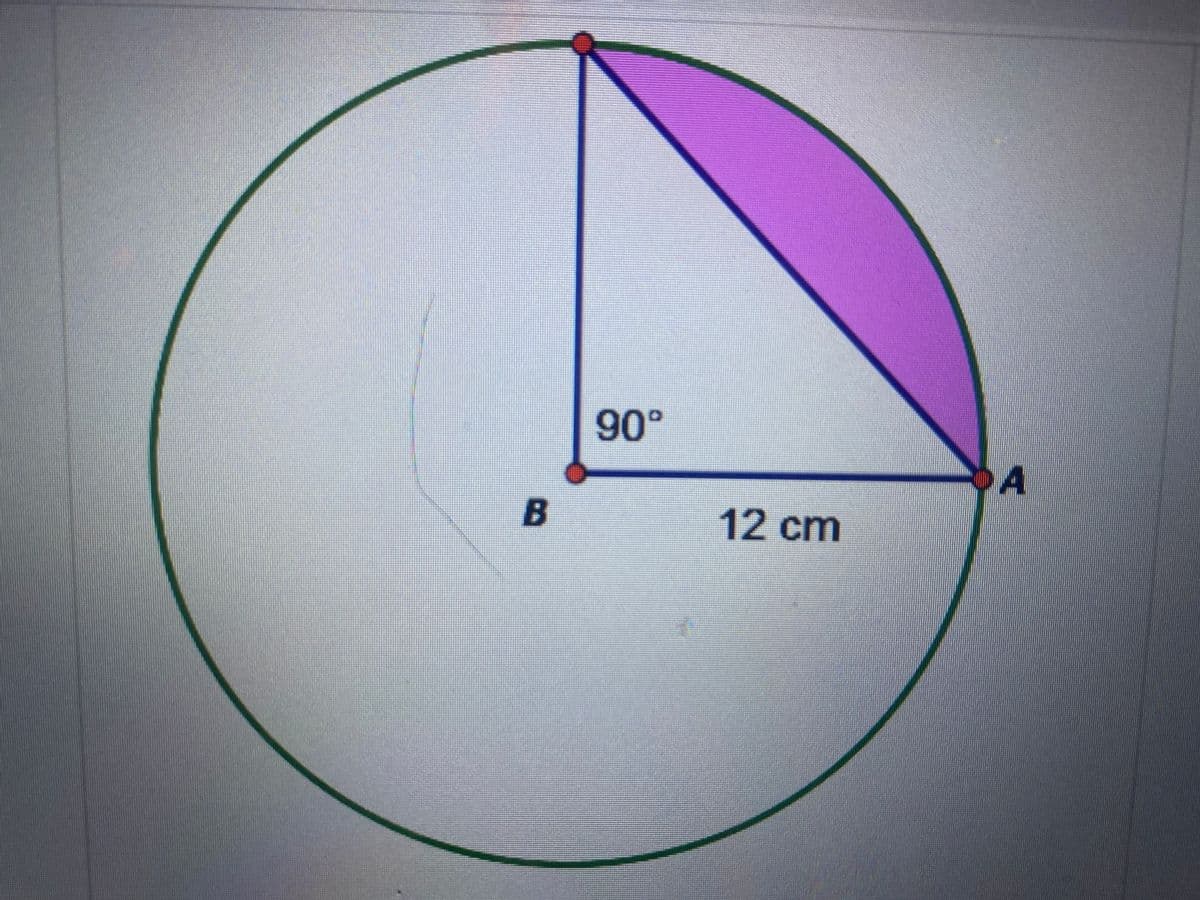 ### Circle Geometry - Right Triangle in a Circle

#### Diagram Explanation

The diagram illustrates a circle with a right triangle inscribed within it. The vertices of the right triangle are labeled as follows:
- Point \(A\): Located on the circumference of the circle.
- Point \(B\): Located on the circumference of the circle.
- Point \(C\): The vertex of the right angle, also located on the circumference of the circle.

A right triangle is formed with the right angle at vertex \(C\), positioned at the top of the circle.

#### Details
- The circle is outlined with a green circumference.
- The hypotenuse \( \overline{AB} \) lies along the diameter of the circle.
- The length of the base \( \overline{AC} \) is given as 12 cm.
- Line segments \( \overline{AC} \) and \( \overline{BC} \) form a right angle (90°) at \(C\).
- A shaded purple region is created by the area of the circle outside the triangle and underneath the hypotenuse.

### Key Concepts

1. **Right Triangle Properties**:
   - In a right triangle inscribed within a circle, the hypotenuse is always the diameter of the circle. This is a consequence of the inscribed angle theorem, which states that an angle subtended by a diameter is a right angle.

2. **Circle Geometry**:
   - The relationship between the right triangle and the circle can be used to solve various geometric problems, such as finding the circle's radius, the length of the other sides of the triangle, and areas related to both the triangle and the circle.

#### Example Problem:
Given \( \overline{AC} = 12 \, \text{cm} \), and knowing \(\angle ACB = 90°\), find the radius of the circle.

**Solution**:
1. Identify that \(\overline{AB}\) is the diameter of the circle.
2. Use the Pythagorean theorem to find \(\overline{BC}\) if needed. For right triangles inscribed in a circle, the hypotenuse \( \overline{AB} \) can be directly used to determine the diameter.

This diagram is a useful educational tool for visualizing the relationship between right triangles and circles, illustrating key geometric principles, and solving related mathematical problems.