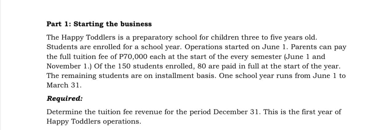 Part 1: Starting the business
The Happy Toddlers is a preparatory school for children three to five years old.
Students are enrolled for a school year. Operations started on June 1. Parents can pay
the full tuition fee of P70,000 each at the start of the every semester (June 1 and
November 1.) Of the 150 students enrolled, 80 are paid in full at the start of the year.
The remaining students are on installment basis. One school year runs from June 1 to
March 31.
Required:
Determine the tuition fee revenue for the period December 31. This is the first year of
Happy Toddlers operations.
