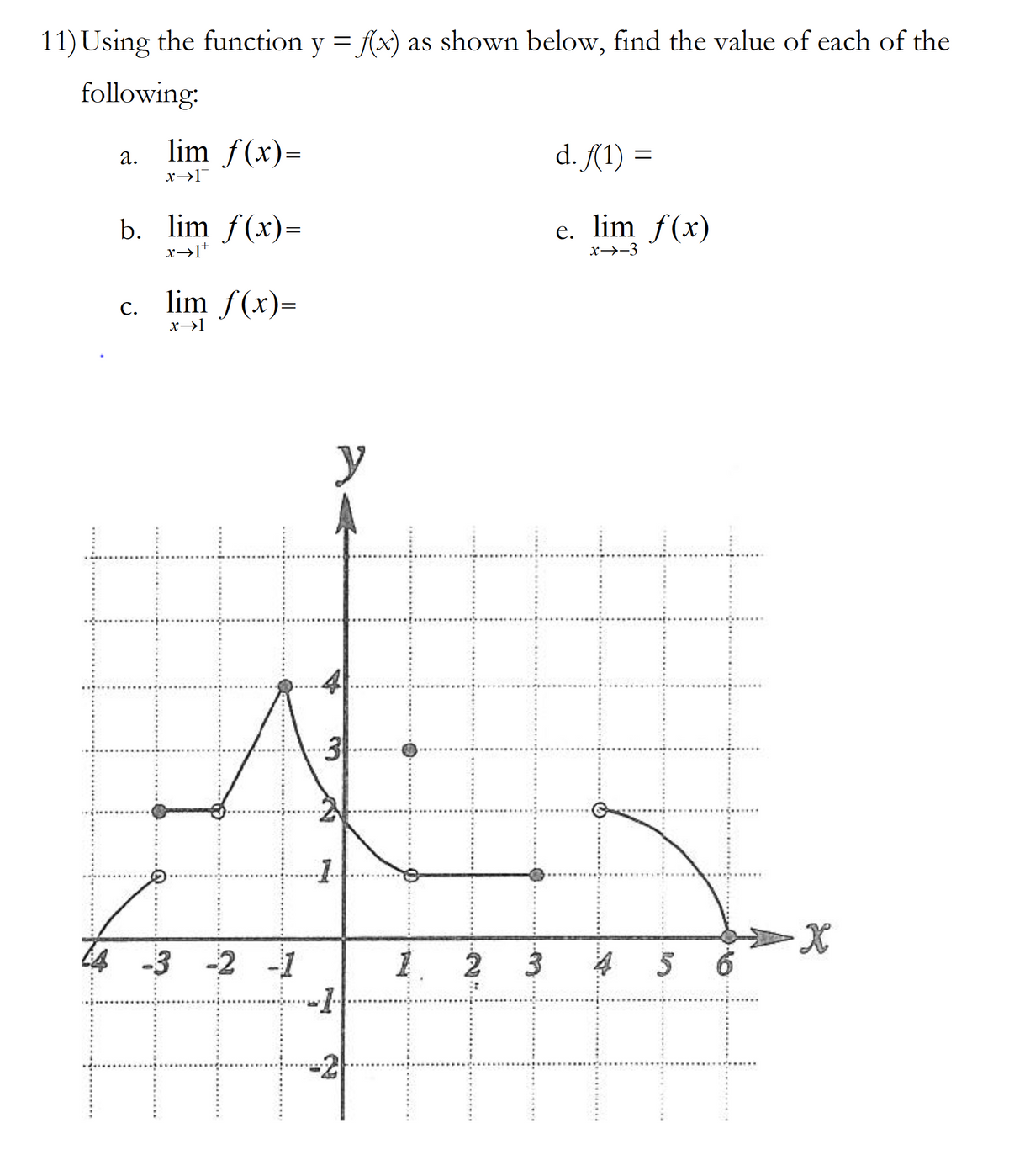 ### Educational Website Content: Calculus - Evaluating Limits and Function Values

#### Problem 11: Using the Function \( y = f(x) \)

Using the function \( y = f(x) \) as shown below, find the value of each of the following:

a. \( \lim_{{x \to 1^-}} f(x) = \)

b. \( \lim_{{x \to 1^+}} f(x) = \)

c. \( \lim_{{x \to 1}} f(x) = \)

d. \( f(1) = \)

e. \( \lim_{{x \to 3}} f(x) = \)

#### Graph Description:
The graph provided depicts the function \( f(x) \) on a Cartesian plane. The x-axis is labeled from -4 to 6, and the y-axis is labeled from -2 to 4. Important points are marked on the graph, which are critical for evaluating the limits and the function values. Below is a detailed description of significant points and behaviors of the graph:

- At \( x = -3 \), \( f(x) = 0 \).
- At \( x = -2 \), \( f(x) = 4 \).
- At \( x = -1 \), \( f(x) = 2 \).
- The graph is undefined at \( x = 1 \), but limits from both directions need to be considered.
- From left to right at \( x = 1 \), the function approaches \( f(x) = 2 \) as x approaches 1 from the left, and \( f(x) = 0 \) as x approaches 1 from the right.
- At \( x = 2 \), \( f(x) = 1 \).
- At \( x = 3 \), the function is undefined; however, both one-sided limits need to be evaluated.
- From the left and right of \( x = 3 \), the graph approaches the value \( 1 \).
- At \( x = 4 \), \( f(x) = 2 \).
- At \( x = 5 \), \( f(x) = 1 \).
- At \( x = 6 \), the function appears undefined from the graph.

#### Evaluations:
Based on the graph, the following values can be determined:

a. \( \lim_{{x \to