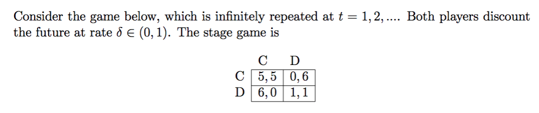 Consider the game below, which is infinitely repeated at t = 1,2, .... Both players discount
the future at rate d E (0, 1). The stage game is
C
D
C 5,5 | 0,6
D 6,0| 1,1
