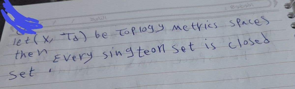 let( X Ta) be Toplogy metrics sPaces
then
EVery singteon set is closed
set
