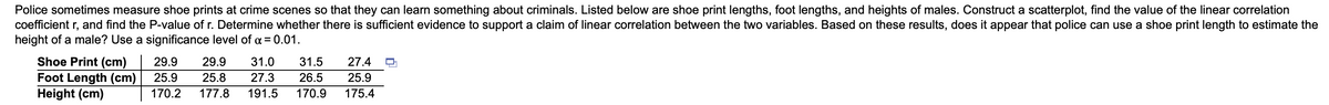 Police sometimes measure shoe prints at crime scenes so that they can learn something about criminals. Listed below are shoe print lengths, foot lengths, and heights of males. Construct a scatterplot, find the value of the linear correlation
coefficient r, and find the P-value of r. Determine whether there is sufficient evidence to support a claim of linear correlation between the two variables. Based on these results, does it appear that police can use a shoe print length to estimate the
height of a male? Use a significance level of a = 0.01.
Shoe Print (cm)
Foot Length (cm)
Height (cm)
29.9
29.9
31.0
31.5
27.4
25.9
25.8
27.3
26.5
25.9
170.2
177.8
191.5
170.9
175.4
