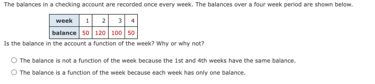 The balances in a checking account are recorded once every week. The balances over a four week period are shown below.
1 2
3 4
week
balance 50 120 100 50
Is the balance in the account a function of the week? Why or why not?
The balance is not a function of the week because the 1st and 4th weeks have the same balance.
The balance is a function of the week because each week has only one balance.