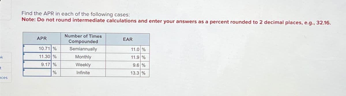 k
ces
Find the APR in each of the following cases:
Note: Do not round intermediate calculations and enter your answers as a percent rounded to 2 decimal places, e.g., 32.16.
APR
10.71 %
11.30 %
9.17 %
%
Number of Times
Compounded
Semiannually
Monthly
Weekly
Infinite
EAR
11.0 %
11.9 %
9.6 %
13.3 %