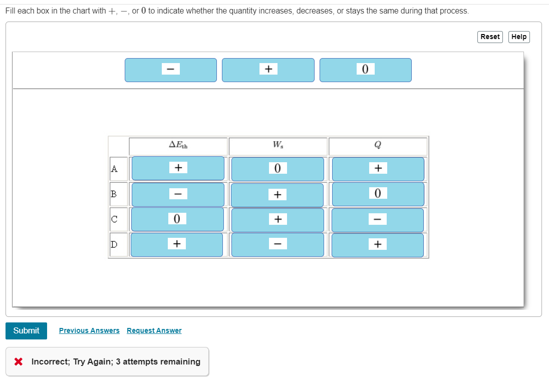 Fill each box in the chart with +, -, or 0 to indicate whether the quantity increases, decreases, or stays the same during that process.
A
B
C
D
AEth
+
0
+
Submit Previous Answers Request Answer
X Incorrect; Try Again; 3 attempts remaining
+
W,
0
+
+
0
Q
+
0
I+
Reset
Help