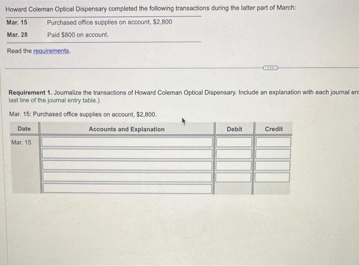 Howard Coleman Optical Dispensary completed the following transactions during the latter part of March:
Mar. 15
Purchased office supplies on account, $2,800
Mar. 28
Paid $800 on account.
Read the requirements.
Requirement 1. Journalize the transactions of Howard Coleman Optical Dispensary. Include an explanation with each journal ent
last line of the journal entry table.)
Mar. 15: Purchased office supplies on account, $2,800.
Date
Accounts and Explanation
Mar. 15
Debit
Credit