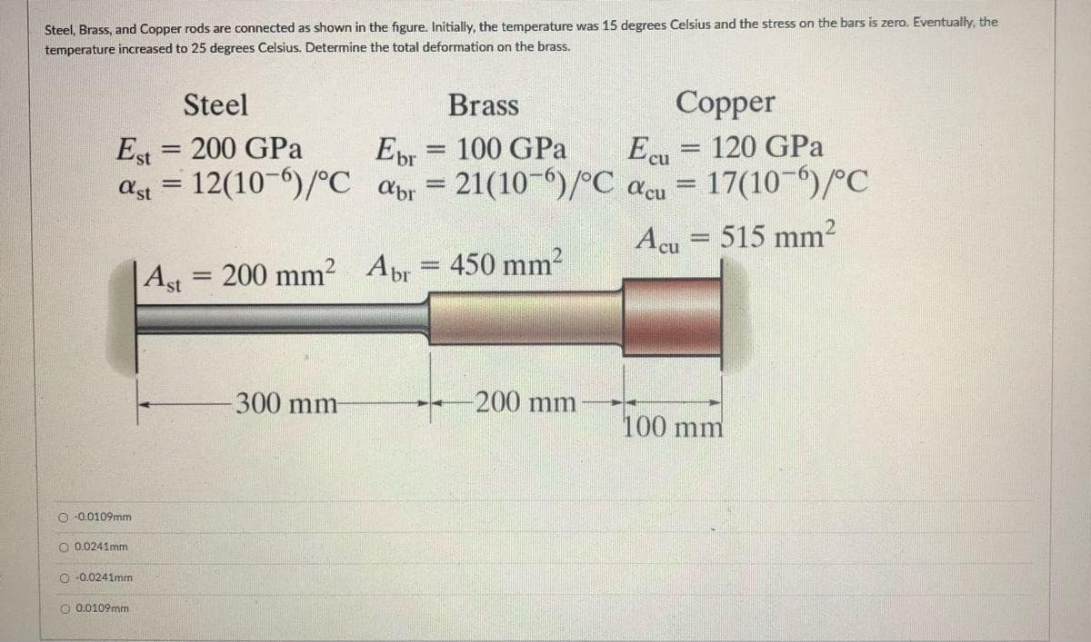 Steel, Brass, and Copper rods are connected as shown in the figure. Initially, the temperature was 15 degrees Celsius and the stress on the bars is zero. Eventually, the
temperature increased to 25 degrees Celsius. Determine the total deformation on the brass.
Steel
Brass
Сopper
Ecu
120 GPa
Est = 200 GPa
12(10-)/°C abr
100 GPa
Epr
= 21(10-)/°C acu = 17(10-")/°C
ast
Acu = 515 mm?
Abr = 450 mm2
200 mm?
Ast
300 mm
-- -200 mm
100 mm
O -0.0109mm
O 0.0241mm
O -0.0241mm
O 0.0109mm
oooO
