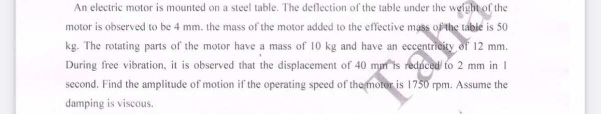 An electric motor is mounted on a steel table. The deflection of the table under the weight of the
motor is observed to be 4 mm. the mass of the motor added to the effective mass of the table is 50
kg. The rotating parts of the motor have a mass of 10 kg and have an eccentricity of 12 mm.
During free vibration, it is observed that the displacement of 40 mm is reduced to 2 mm in 1
second. Find the amplitude of motion if the operating speed of the motor is 1750 rpm. Assume the
damping is viscous.
