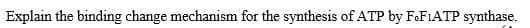 Explain the binding change mechanism for the synthesis of ATP by F.FIATP synthase.

