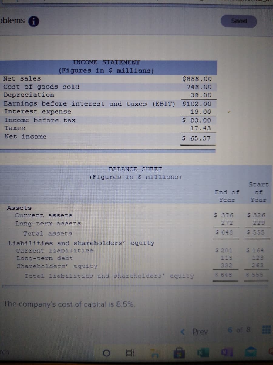 oblems
Saved
INCOME STATEMENT
(Figures in $ millions)
Net saleg
$888.00
Cost of goods gold
Depreciation
748.00
38.00
(EBIT) $102.00
19.00
Earnings before interest and taxes
Interest expense
Income before tax
$ 83.00
Taxes
17.43
Net income
$ 65.57
BALANCE SHEET
(Figures in $ millions)
Start
End of
of
Year
Year
Assets
Current assets
$ 376
$ 326
Long-term assets
272
229
Total a3sets
$ 648
$ 555
Liabilities and shareholders' equity
Current liabilities
Long-term. debt
Shareholders' equity
$ 201
$ 164
115
128
332
263
Total liabilities and shareholders' equity
$ 648
$ 555
The company's cost of capital is 8.5%.
6 of 8
**.
<Prev
rch
